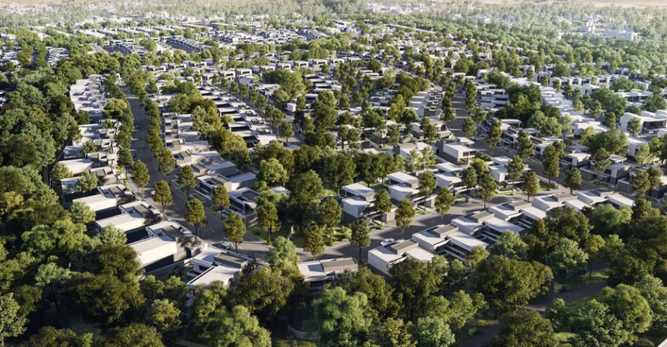 Masaar by Arada — aerial view of the forested masterplan